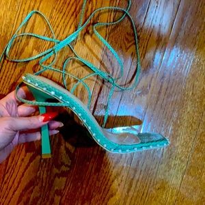 Simmi Mint Green Snake Rhinestone Lace Up Heels